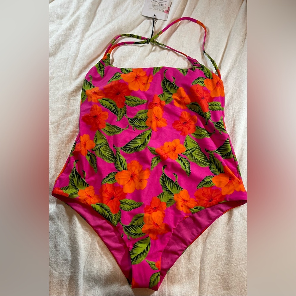 Beach Riot Hot Pink Halter One-Piece with Orange Floral Print